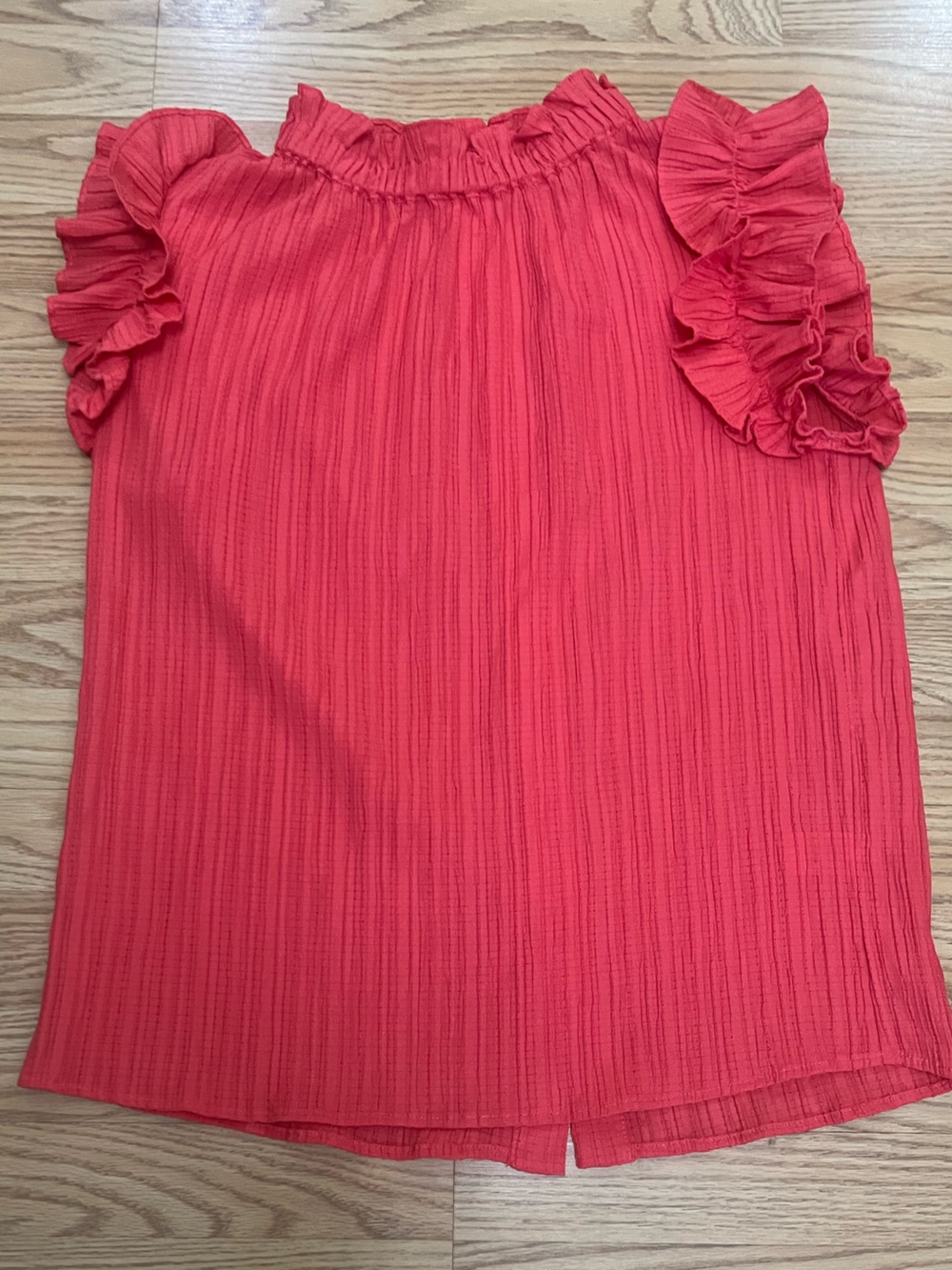 THML Coral Red Ribbed Top with Ruffled Sleeve Trim
